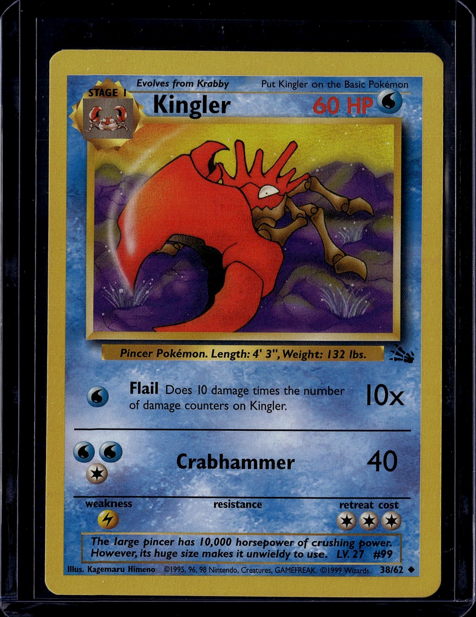 1999 Pokemon Base Set Kingler #38/62 Stage 1 Evol: This is an original 1999 Pokemon Trading Card Game Base Set Kingler card, card number 38 out of 62. Kingler is a Stage 1 Water-type Pokemon that evolves from Krabby, featuring 60 HP. The card displays
