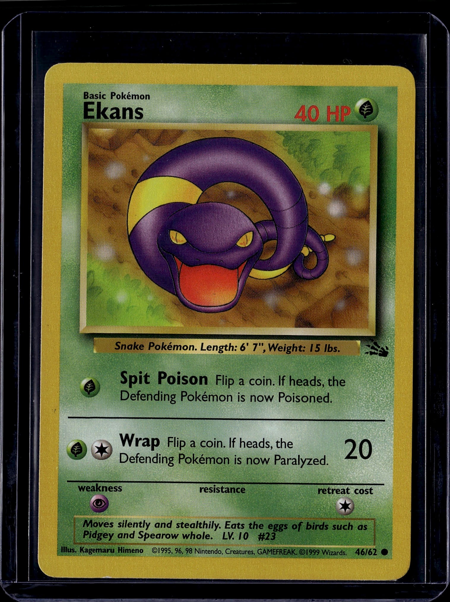 1999 Pokemon Base Set Ekans #46/62 Card - Wizards: This is an authentic 1999 Pokemon Base Set Ekans card (#46/62) published by Wizards of the Coast, featuring the iconic purple Snake Pokemon with its characteristic yellow eyes and open mouth. The card