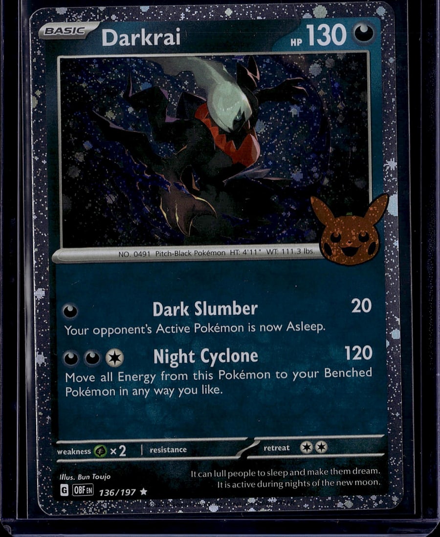 Darkrai 736/197 Obsidian Flames Holo Rare Pokemon: This is a Darkrai Holo Rare Pokemon Trading Card from the Obsidian Flames set (card #736/197). The card features the Pitch-Black Pokemon with 130 HP and two powerful attacks: Dark Slumber (costs 1 Dar