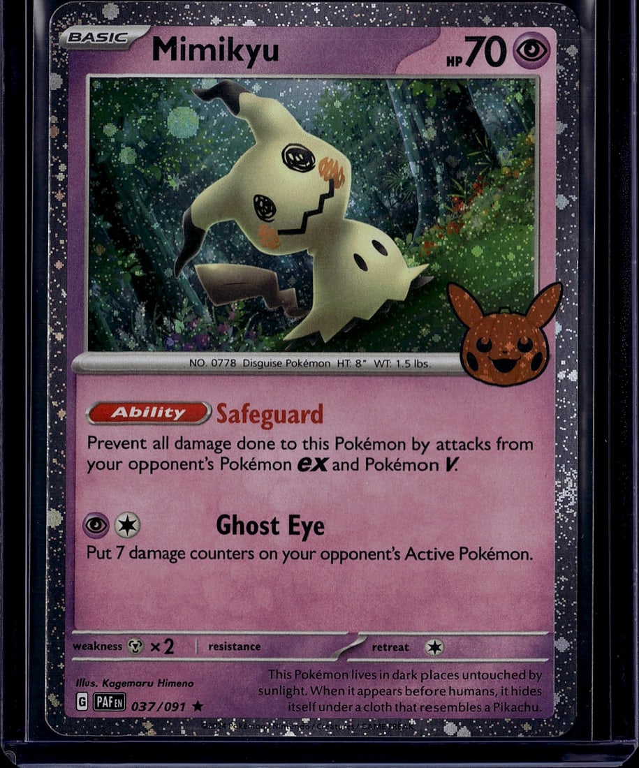 Mimikyu 037/091 Shining Fates Pokemon Card - Disg: This is a Mimikyu Pokemon Trading Card from the Shining Fates expansion set, card number 037/091. Mimikyu is a Basic Psychic-type Pokemon with 70 HP featuring the signature Safeguard ability and Ghost