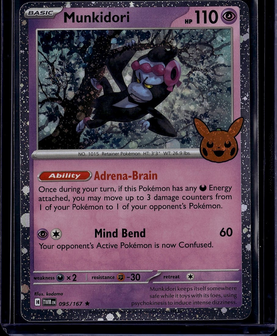 2024 Pokemon Scarlet Violet Twilight Masquerade M: Munkidori is a Basic Psychic-type Pokemon card (110 HP) from the Scarlet & Violet: Twilight Masquerade set (SV06), released May 24, 2024. It features the Adrena-Brain Ability and the Mind Bend attack,