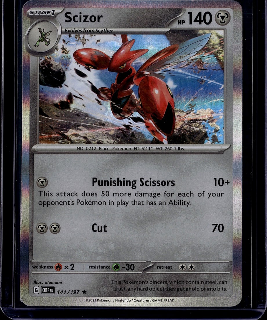 2023 Pokemon Scizor 141/197 Obsidian Flames Stage: This 2023 Pokemon Trading Card Game card features Scizor, the Stage 1 Pincer Pokemon that evolves from Scyther. Card number 141/197 from the Obsidian Flames set, this Metal-type Pokemon boasts 140 HP 