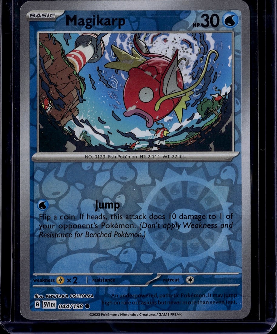 Magikarp 044/198 Scarlet & Violet Pokemon Card Ne: This is a Magikarp Pokemon Trading Card from the Scarlet & Violet set, card number 044/198. The card features vibrant artwork by Kiyotaka Oshinawa depicting the iconic fish Pokemon in its characterist