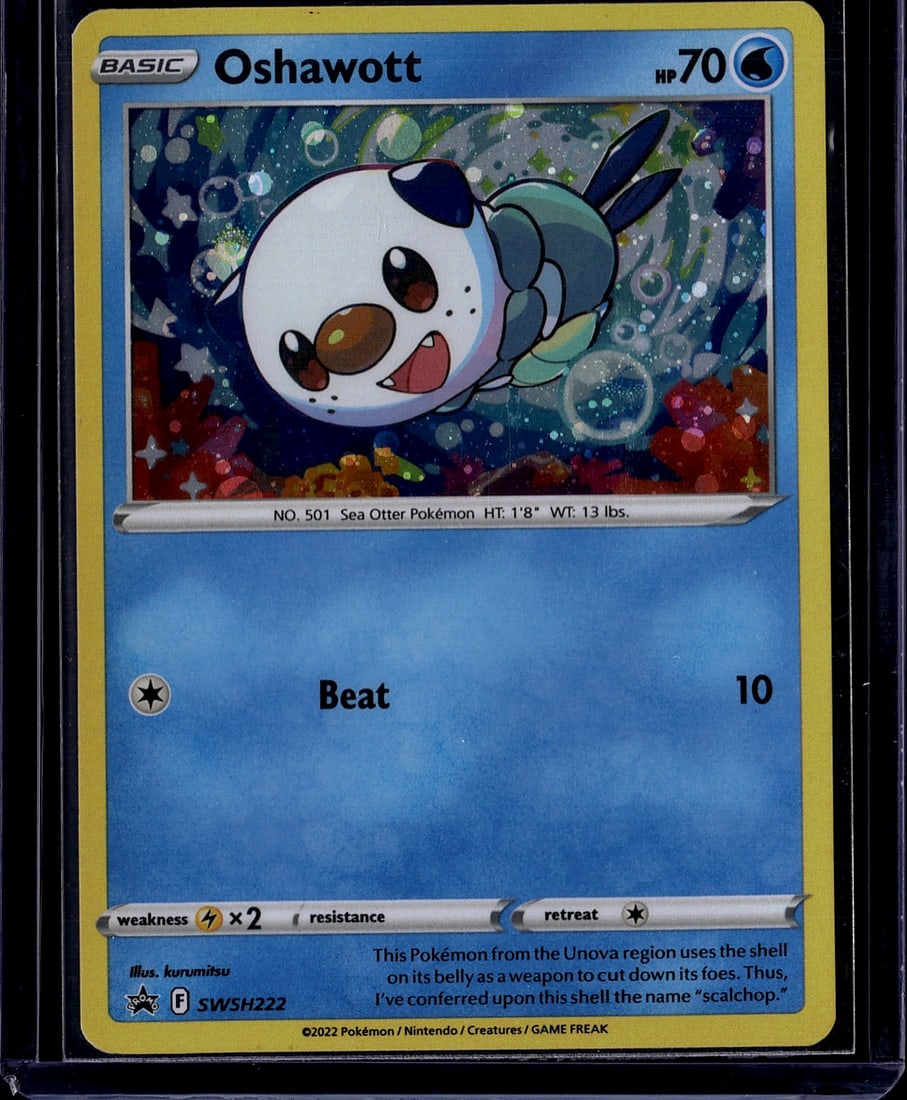 2022 Pokemon Sword & Shield Black Star Promos SWS: Oshawott SWSH222 is a Basic Water-type Pokemon card (70 HP) released as a Holo Black Star Promo in 2022. It was first included in the Collector Bundle (March 25, 2022) and the Spring 2022 Collector Ch