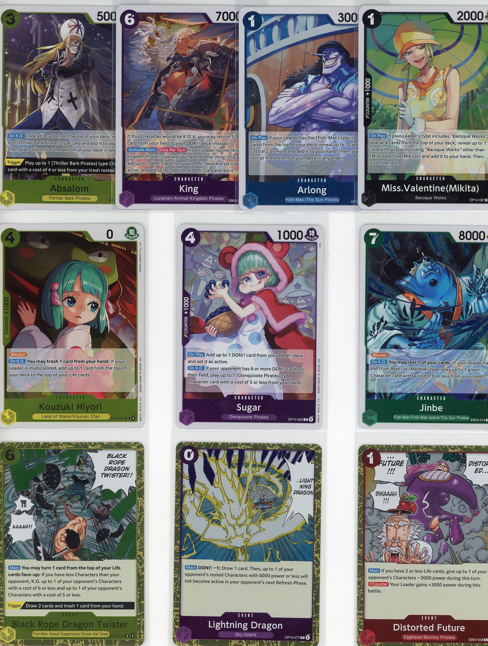Lot of 10 One Piece Foil Trading Cards - Characte: This lot contains 10 One Piece foil cards featuring iconic characters and events from the series. The collection includes premium foil variations of characters such as Absalom, King, Arlong, Miss.Vale