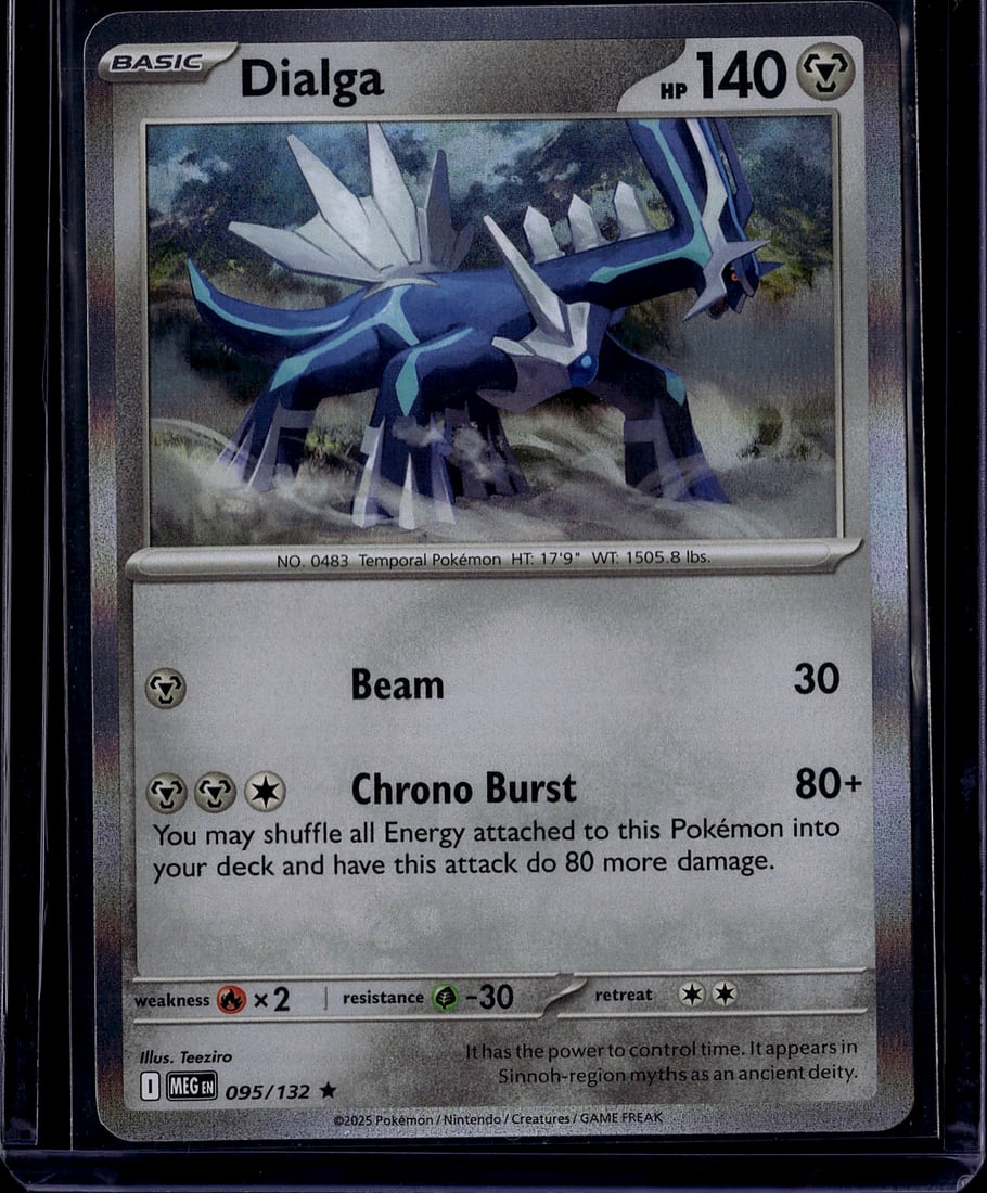 2025 Pokemon Dialga Basic 140 HP Card 095/132 Tem: This is a 2025 Pokemon Dialga Basic Pokemon card from the Temporal set, card number 095/132. Dialga is a Temporal-type Pokemon No. 0483 standing at 17'9" and weighing 1505.8 lbs. The card features vib