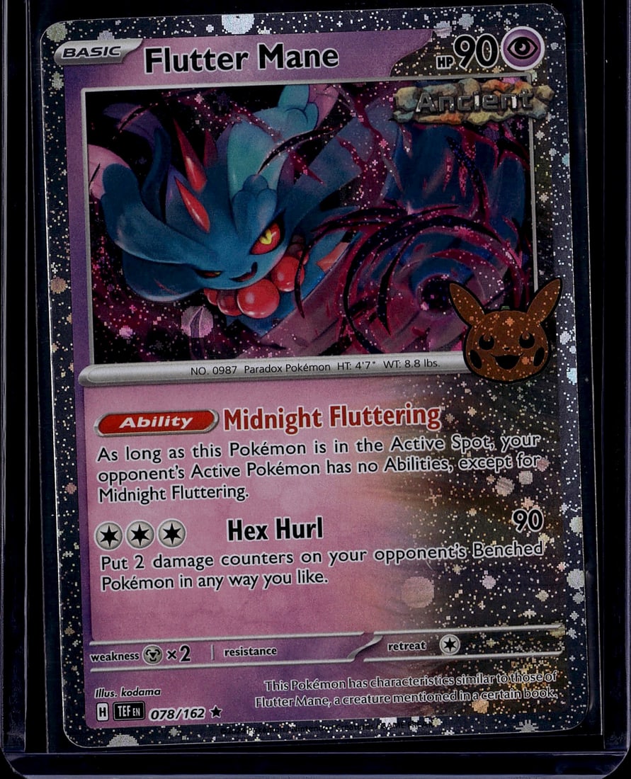 Flutter Mane Pokemon Card 078/162 Scarlet Violet: This is a Flutter Mane Pokemon card from the Scarlet & Violet set, card number 078/162. Flutter Mane is a Basic Paradox Pokemon with 90 HP featuring psychic typing. The card showcases excellent artwor