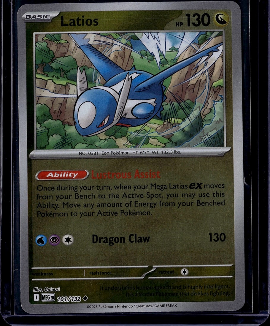 2025 Pokemon Mega Evolution Latios 101/132 Mint S: This is a 2025 Pokemon Latios Basic card from the Scarlet & Violet expansion set, card number 101/132. The card features Latios with 130 HP and showcases the Lustrous Assist ability, which allows you 
