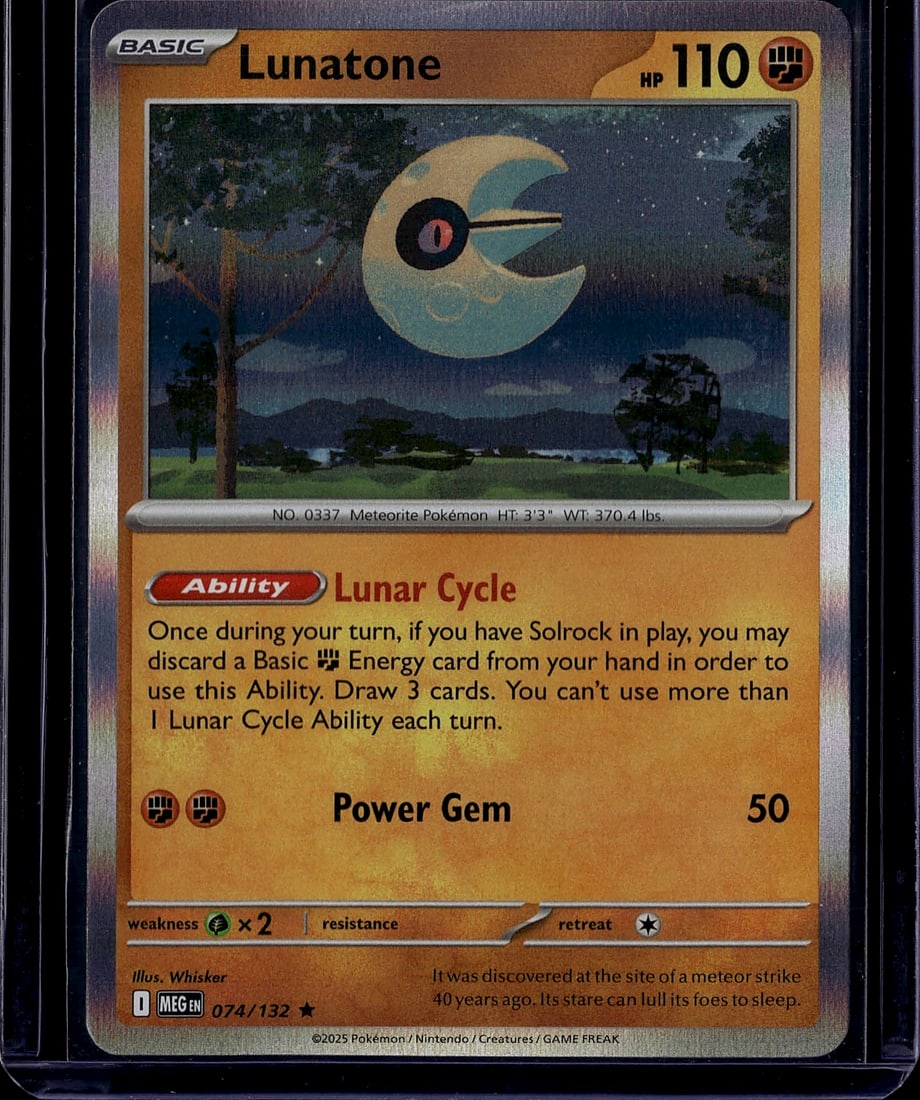 2025 Pokemon Mega Evolution ME01 Lunatone 074/132: Lunatone 074/132 is a Fighting-type Basic Pokemon Holo Rare from the Pokemon TCG: Mega Evolution (ME01) set, released September 26, 2025. It features the Ability 'Lunar Cycle,' which lets the player d