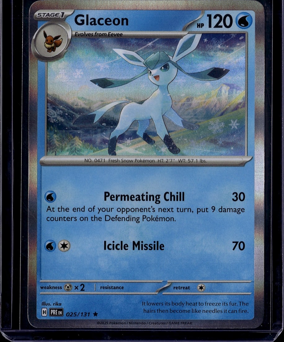 2025 Pokemon Scarlet Violet Prismatic Evolutions: Glaceon 025/131 is a Stage 1 Water-type Rare card from the Scarlet & Violet: Prismatic Evolutions expansion (SV8.5), released January 17, 2025. It belongs to the Fresh Snow Pokemon creature type and f