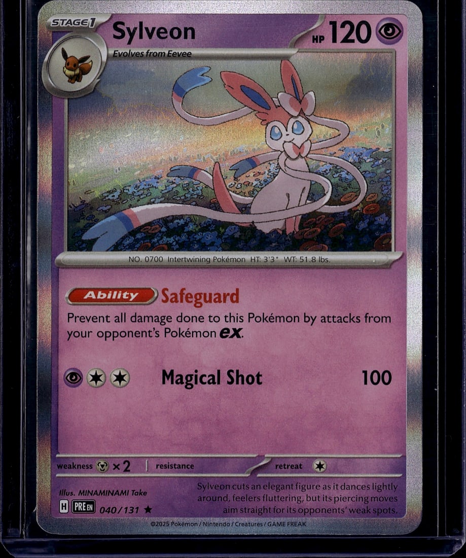 2025 Pokemon Scarlet Violet Prismatic Evolutions: Sylveon 040/131 is a Stage 1 Psychic-type Rare card from the Scarlet & Violet: Prismatic Evolutions set, released January 17, 2025. It evolves from Eevee, has 120 HP, a Metal weakness (2), and a retre