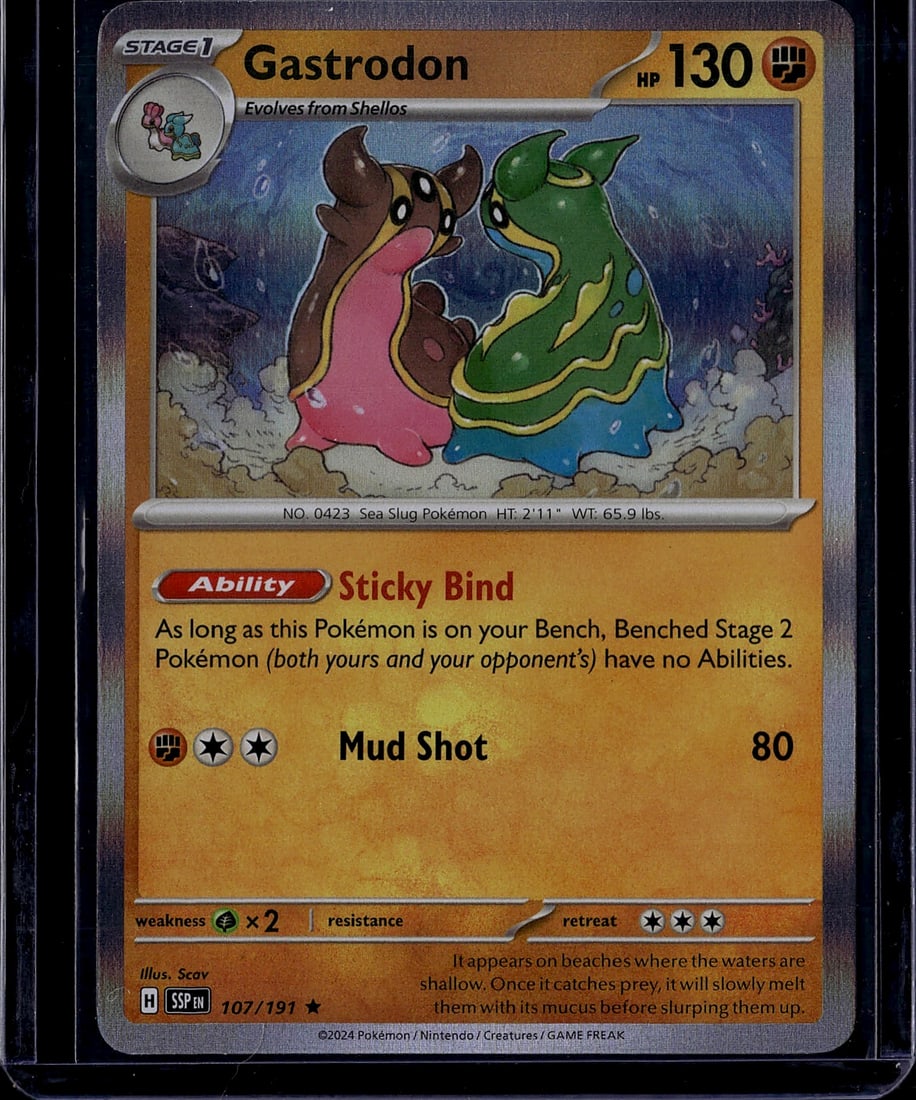2024 Pokemon Scarlet Violet Surging Sparks Gastro: Gastrodon is a Stage 1 Fighting-type Pokemon card (107/191) from the 2024 Scarlet & Violet: Surging Sparks set (SV8), released November 8, 2024. It features 130 HP and the Sticky Bind ability, which p