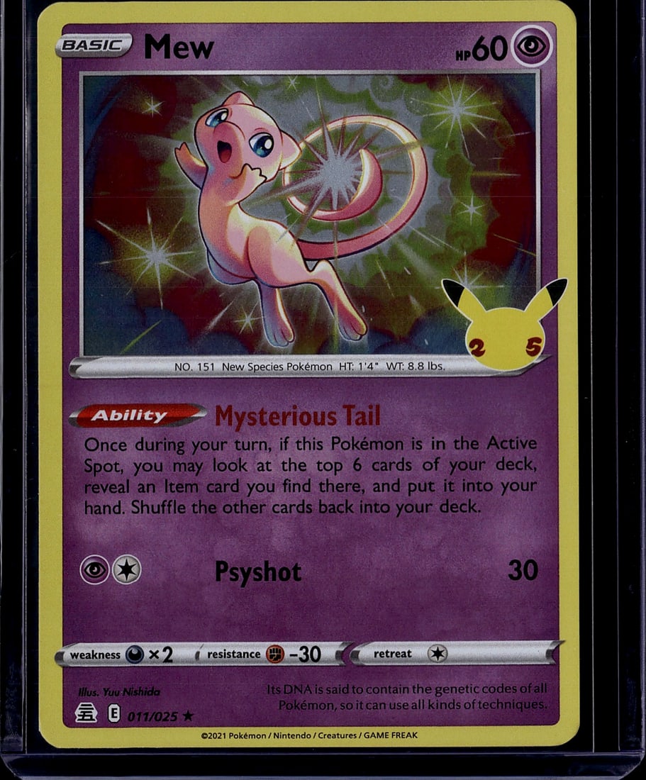 2021 Pokemon Celebrations Mew 011/025 Mint Condit: This is a 2021 Pokemon Trading Card Game card featuring Mew, the legendary Psychic-type Pokemon. Card #011/025 displays Mew in its iconic pose with its signature pink coloring and mystical tail. The c