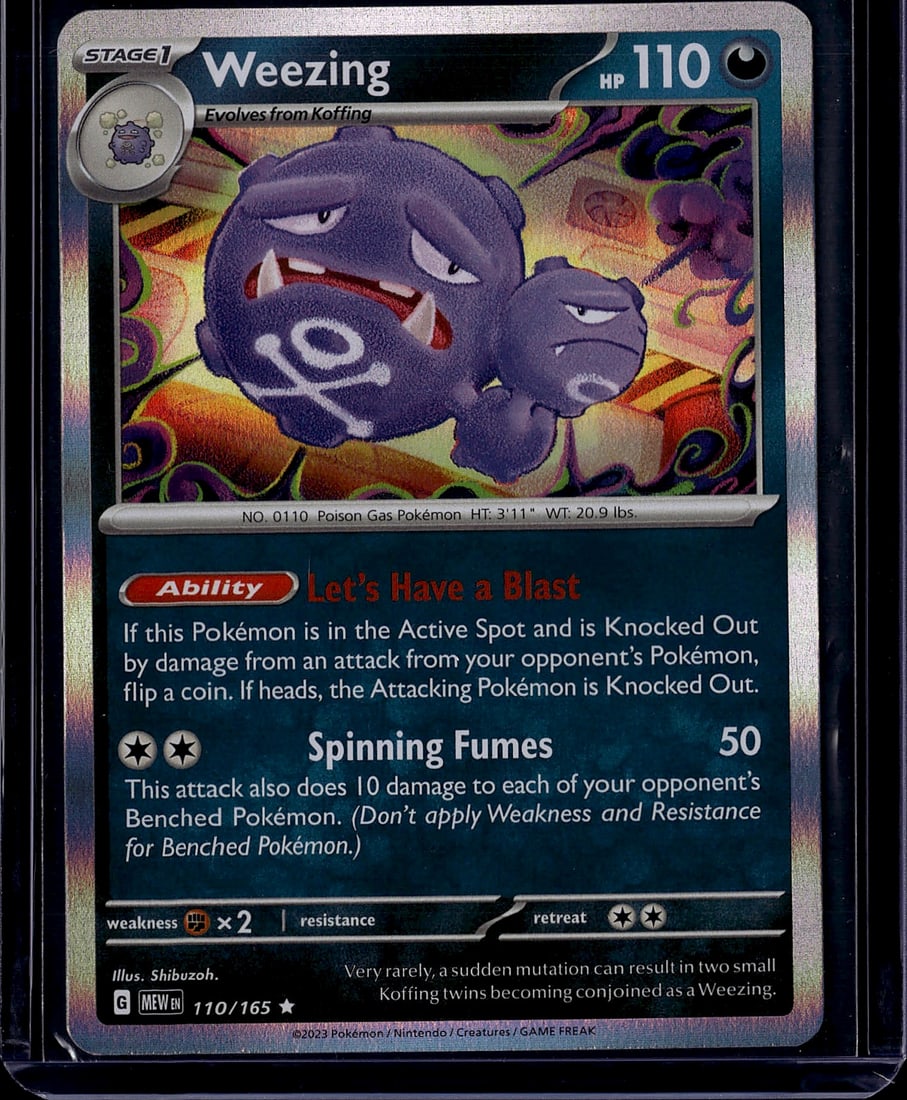 2023 Pokemon 151 Weezing 110 Mint Condition Card: This is a Weezing Pokemon trading card from The Pokemon Company's Scarlet & Violet set, card number 110/165. Weezing is a Stage 1 Poison Gas Pokemon with 110 HP that evolves from Koffing. The card fea