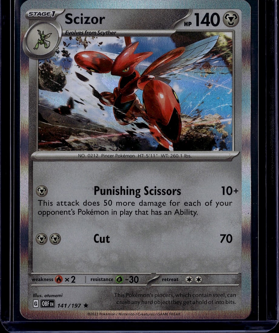 2023 Pokemon Obsidian Flames Scizor 141/197 Mint: This is a raw 2023 Pokemon Scarlet & Violet Scizor card (No. 0212, 141/197) featuring the red steel-type pincer Pokemon with 140 HP. The card displays excellent centering and surface quality with vibr