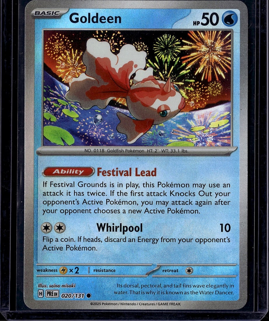 Goldeen 020/131 Scarlet & Violet Pokemon Card - W: This is a raw Goldeen Pokemon trading card from the modern Scarlet & Violet set, card number 020/131. Goldeen is a Basic Water-type Pokemon with 50 HP, featuring the Festival Lead ability and Whirlpoo