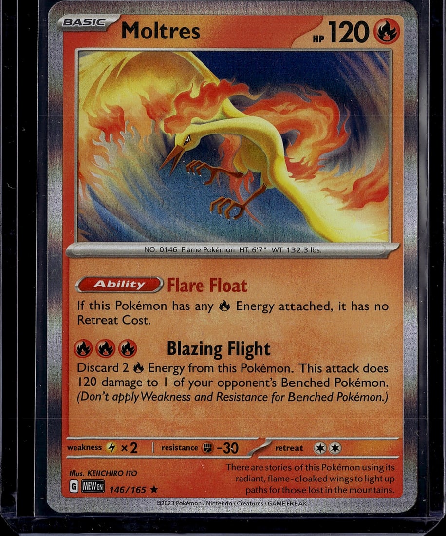 Moltres 146/165 Scarlet & Violet Pokemon Card Sin: This is a raw Moltres Pokemon trading card from the Scarlet & Violet set (Card #146/165). Moltres is a classic Fire-type Legendary Pokemon with 120 HP, featuring the Flare Float ability and Blazing Fl