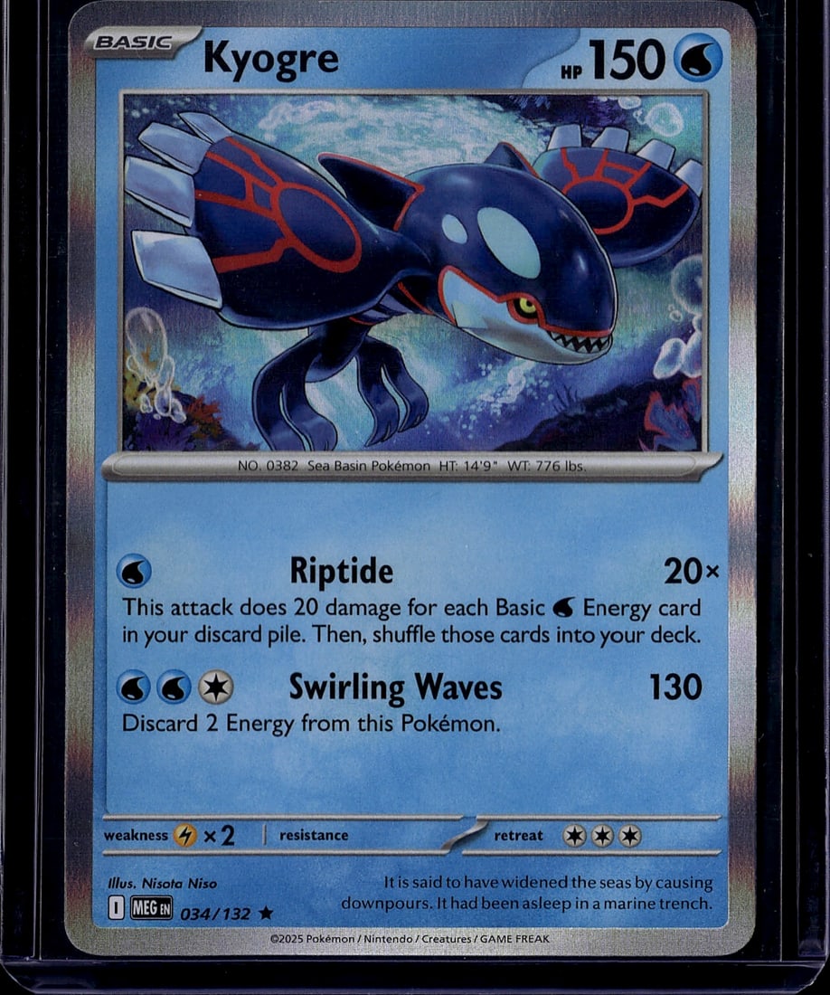 2025 Kyogre Mega Evolution ME01 034/132 Pokemon C: Kyogre is a Basic Water-type Pokemon card with 150 HP from the Mega Evolution set (ME01), the first expansion of the new Mega Evolution series. It is a Holo Rare numbered 034/132, featuring the attack