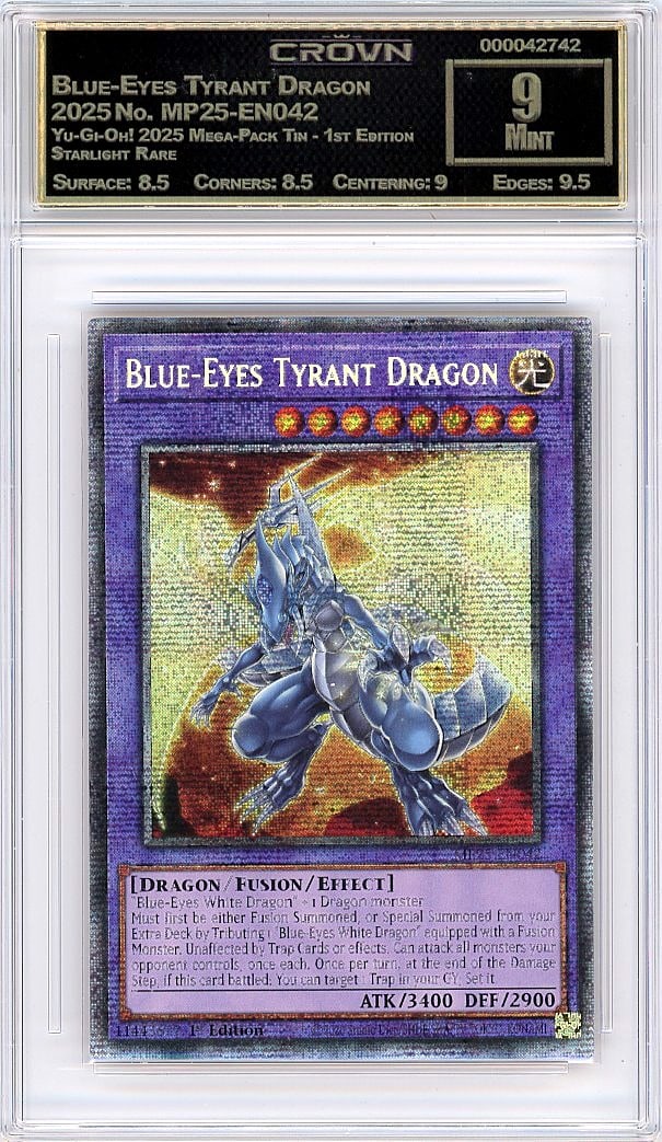 2025 Blue-Eyes Tyrant Dragon Yu-Gi-Oh! 2025 Mega-: Own this pristine 2025 Blue-Eyes Tyrant Dragon Yu-Gi-Oh! card, graded Crown Grade 9.00 from the 2025 Mega-Pack Tin release. This 1st Edition Starlight Rare Blue-Eyes Tyrant Dragon represents peak cond