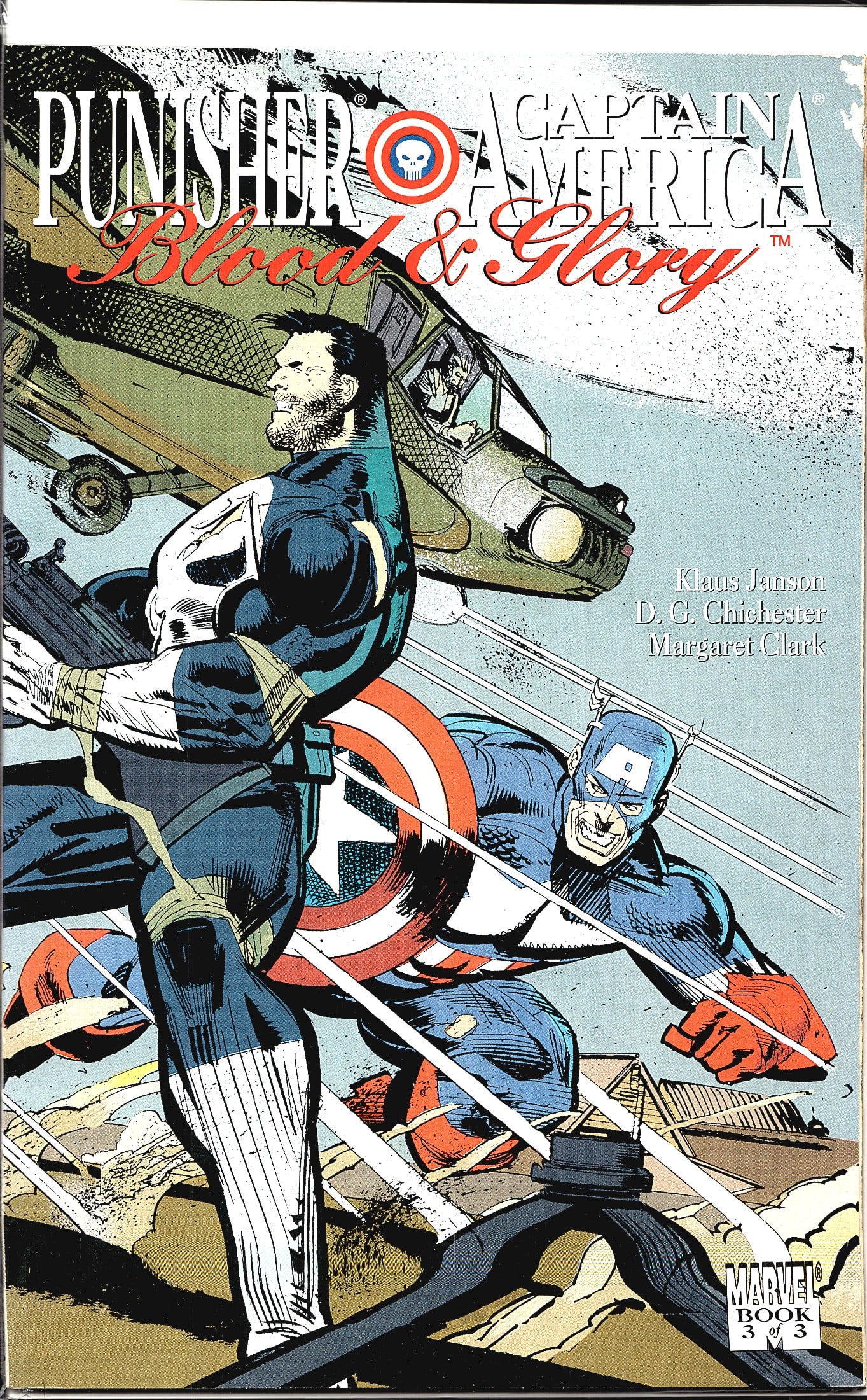 1992 Marvel Punisher Captain America Blood & Glor: This is Book 3 of 3 from the Marvel Comics limited series Punisher/Captain America: Blood & Glory, published in 1992. The cover art by Klaus Janson depicts the Punisher and Captain America in intense 