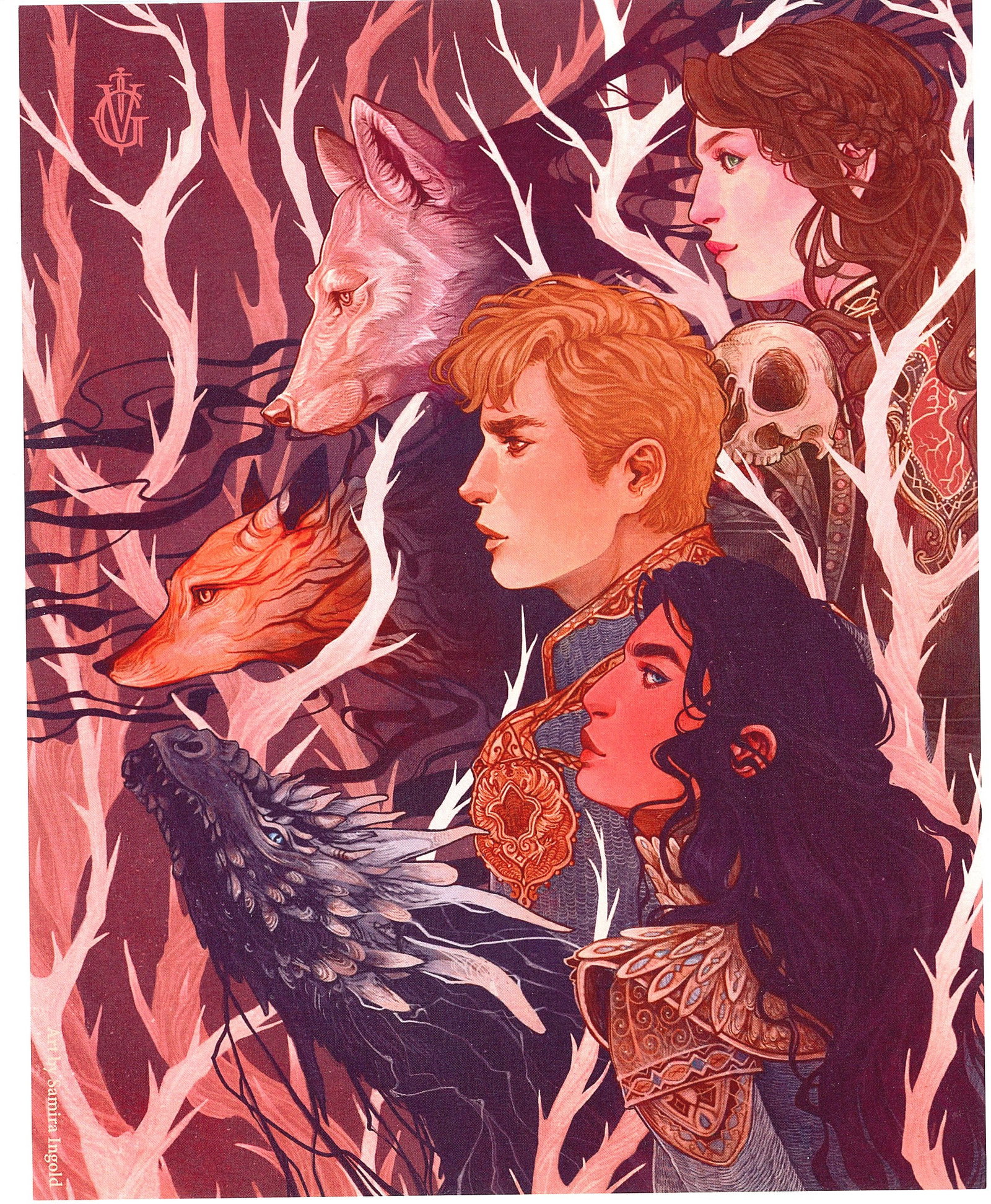 Fantasy Book Series Poster Art - Illustrated Char: Vintage fantasy book series poster featuring beautifully illustrated characters and mystical creatures in a burgundy and rose color palette. The artwork depicts multiple figures with ornate clothing a