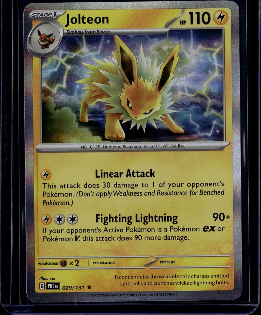 2025 Pokemon Jolteon Stage 1 Scarlet Violet 029/1: This is a 2025 Pokemon Trading Card Game Jolteon card from the Scarlet & Violet set, card number 029/131. Jolteon is a Stage 1 Lightning-type Pokemon that evolves from Eevee, featuring 110 HP. The car