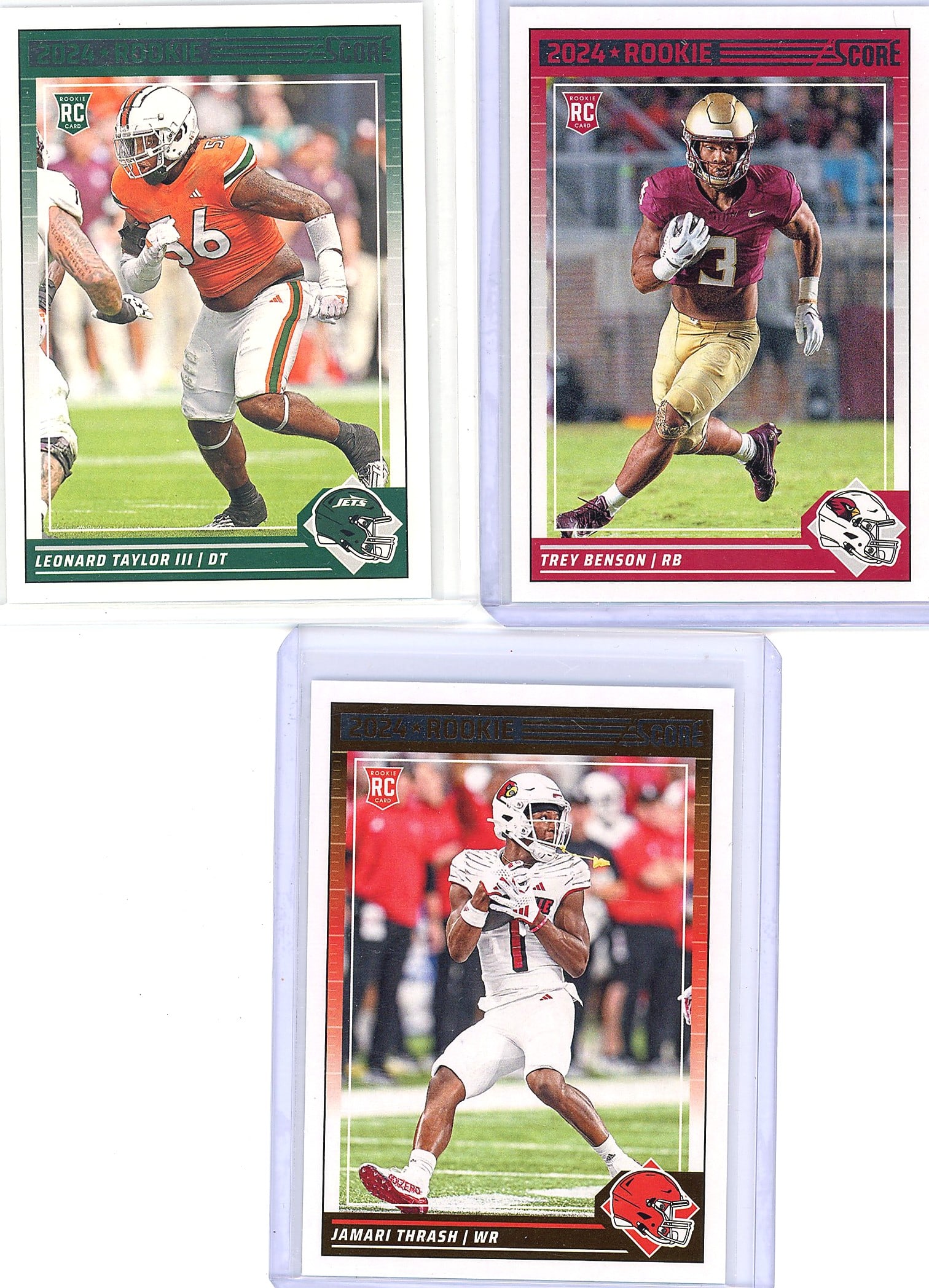 2024 Panini Score Football #354 Trey Benson Mint: This lot contains three 2024 Panini Score Football rookie cards featuring Leonard Taylor III (DT, #396, New York Jets), Trey Benson (RB, #354, Arizona Cardinals), and Jamari Thrash (WR, #382, Clevelan