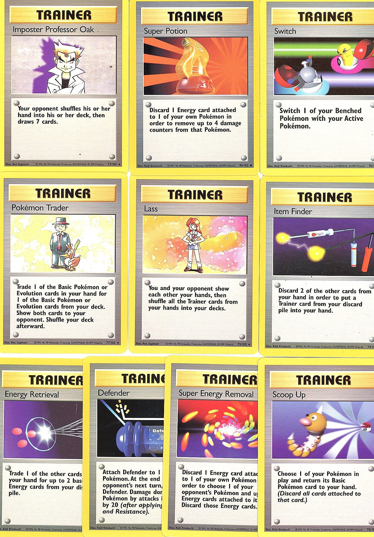Pokemon Gym Heroes Trainer Lot - 10 Raw Singles B: Vintage Pokemon Gym Heroes era trainer cards lot containing 10 ungraded raw singles. Includes playable trainers such as Impostor Professor Oak, Super Potion, Switch, Pokemon Trader, Lass, Item Finder,