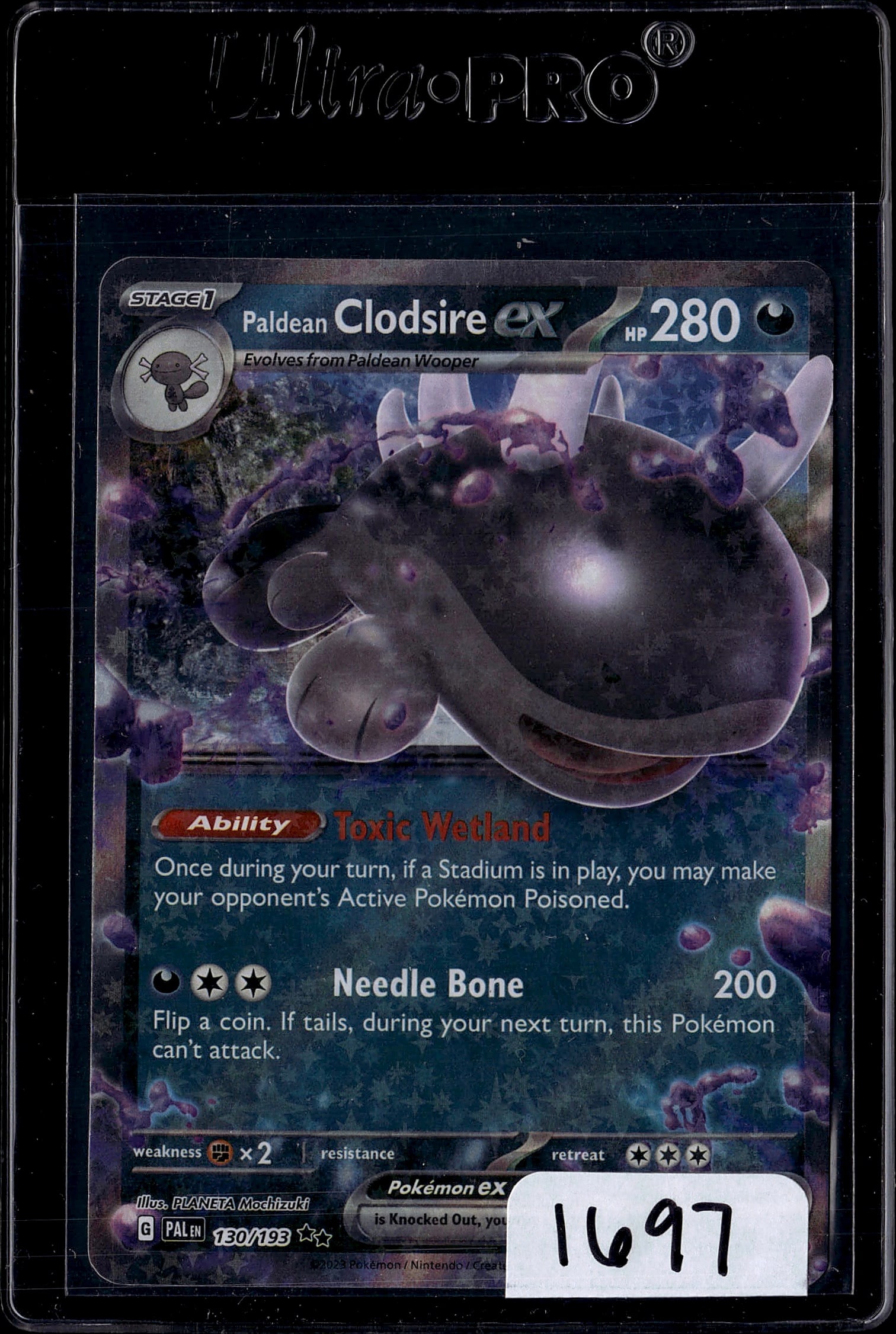 Paldean Clodsire ex 130/193 Pokemon Card Paldea E: This is a raw Paldean Clodsire ex card from the Pokemon Trading Card Game Paldea Evolved set, featuring card number 130/193. The card showcases Clodsire ex with 280 HP and displays excellent artwork