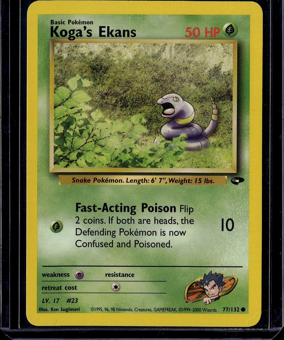 Koga's Ekans 23/102 Pokemon Base Set Card - Vinta: This is a vintage Koga's Ekans Pokemon trading card from the Base Set era, published by Wizards of the Coast in 1999. Card number 23/102 features the iconic purple snake Pokemon with a yellow underbel
