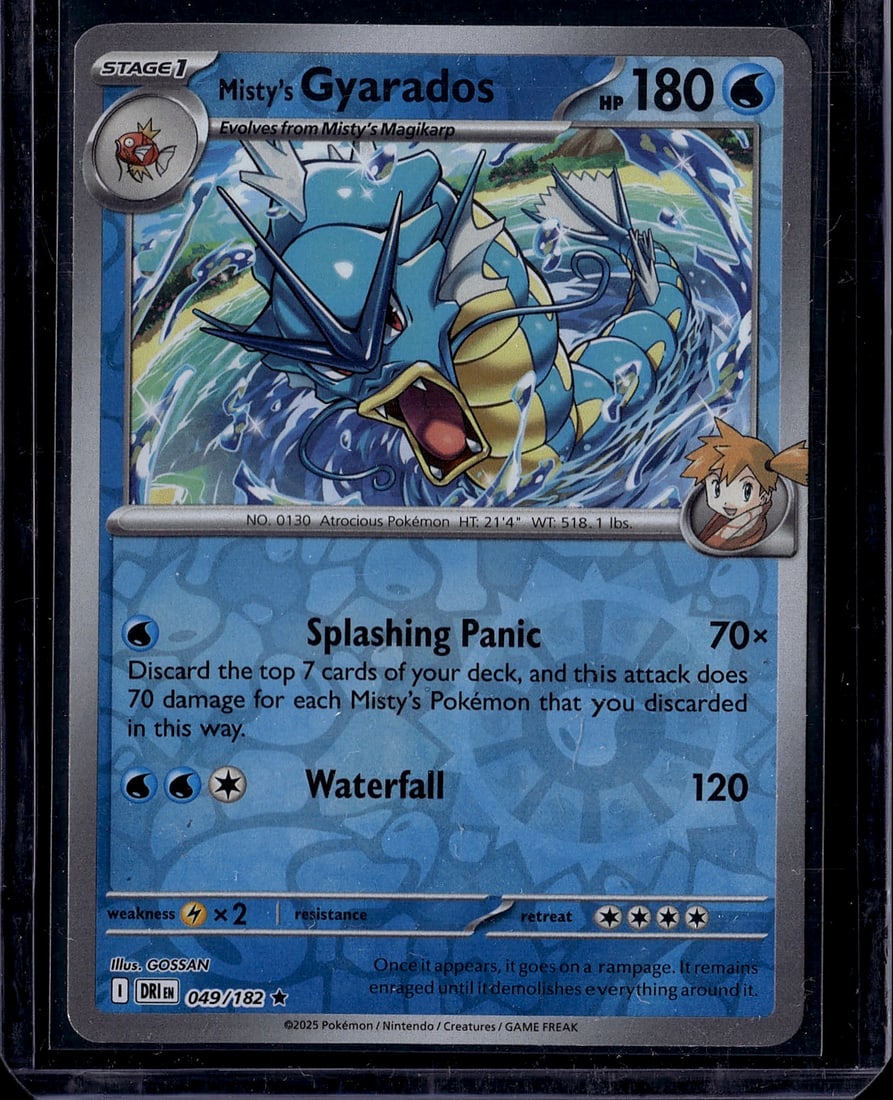 Misty's Gyarados 049/182 Pokemon TCG Card - Stage: This is a raw Misty's Gyarados card from a modern Pokemon Trading Card Game set, card number 049/182. The card features Gyarados, a Stage 1 Water-type Pokemon that evolves from Misty's Magikarp, with