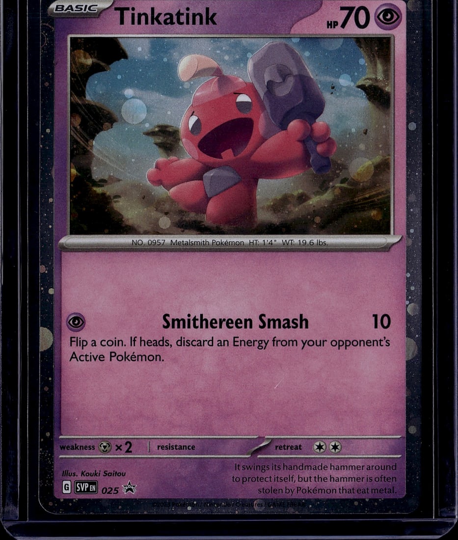2023 Pokemon TCG Scarlet Violet Black Star Promo: Tinkatink SVP025 is a Basic Psychic-type Promo card (Cosmo Holo variant also exists) from the Scarlet & Violet Black Star Promos series, distributed in Paldea Evolved three-pack blisters. Tinkatink