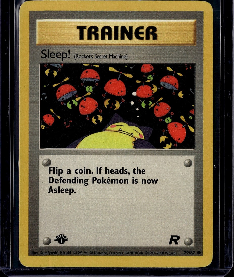 Sleep Rocket's Secret Machine Gym Heroes 79/82 Tr: This is a raw Pokemon Trainer card from the vintage Gym Heroes set, released in 1999. The card features the iconic 'Sleep!' (Rocket's Secret Machine) artwork illustrated by Sumiyoshi Kizuki,