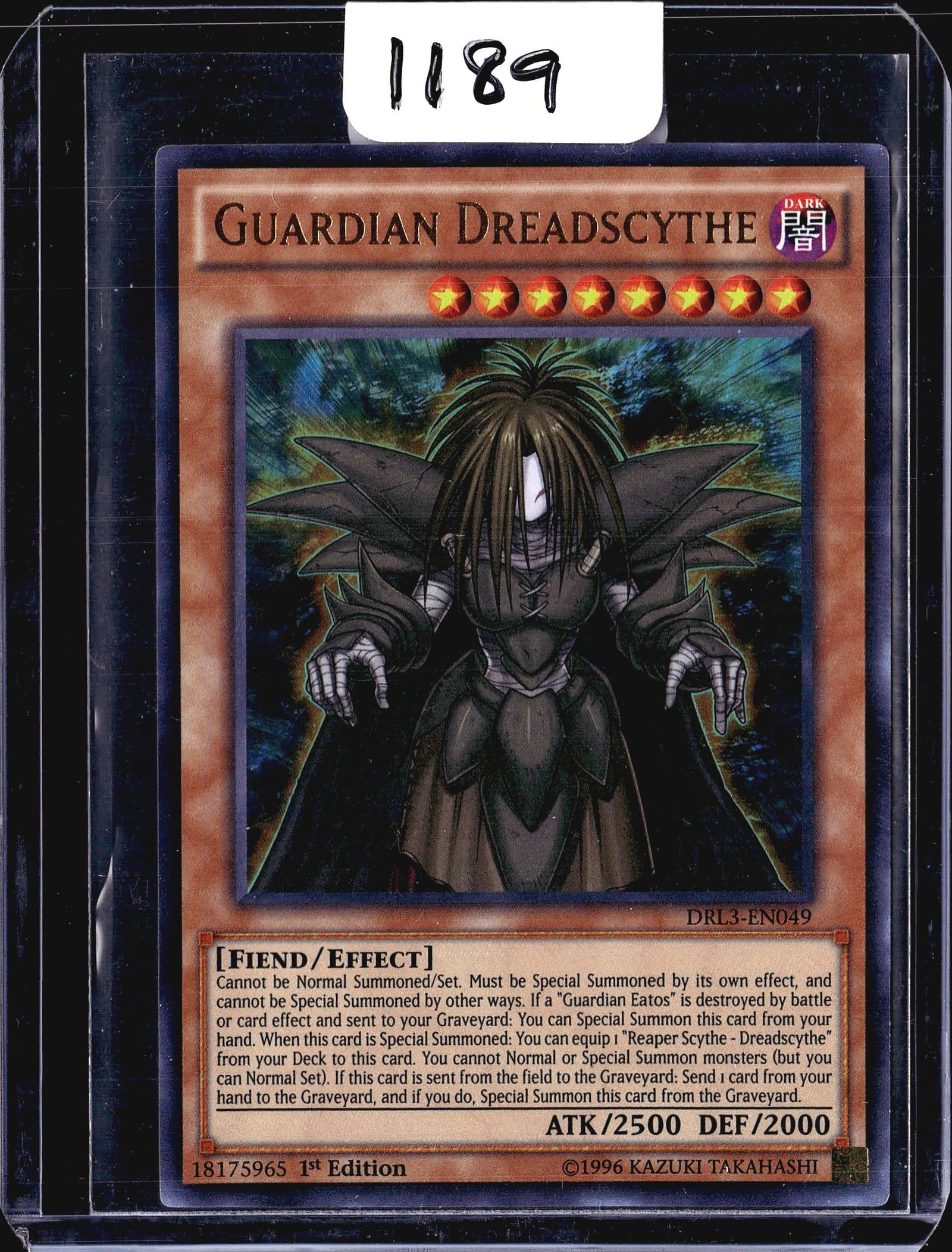 2020 Konami Yu-Gi-Oh Guardian Dreadscythe DRL3-EN: This is a 2020 Guardian Dreadscythe card from Konami's Yu-Gi-Oh trading card game, part of the Dragons of Legend: Unleashed set (DRL3-EN049). The card features Guardian Dreadscythe, a notable monster