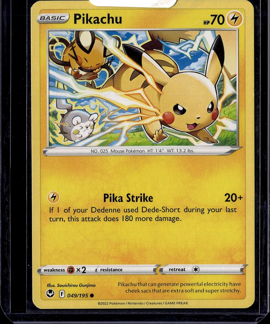 2022 Pokemon Pikachu Basic 049/195 Sword & Shield: This is a raw, ungraded 2022 Pokemon Trading Card Game Pikachu Basic Pokemon card (049/195) from the Sword & Shield era. The card features the iconic Mouse Pokemon in dynamic action, illustrated by So