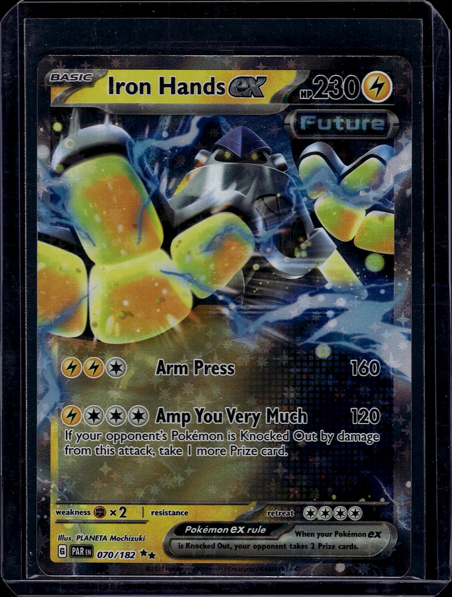 Iron Hands ex 070/182 Pokemon Card Future Lightni: This is a raw Pokemon Trading Card Game single featuring Iron Hands ex from the Scarlet & Violet set, card number 070/182. Iron Hands ex is a Basic Lightning-type Pokemon with 230 HP, making it a