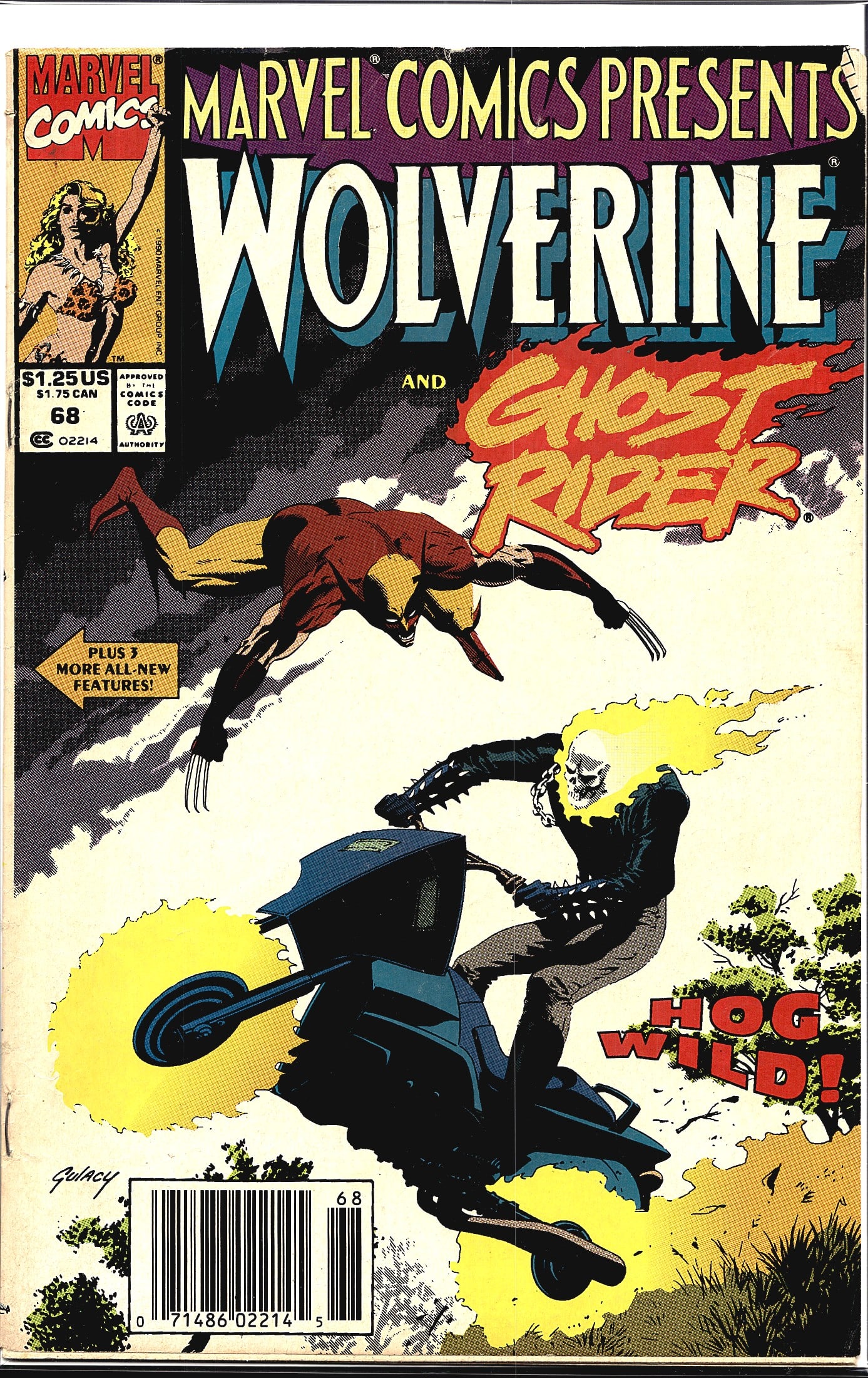 1991 Marvel Comics Presents #68 Comic Book: Marvel Comics Presents #68, published in 1990 by Marvel Comics, features a dual-hero cover spotlighting Wolverine and Ghost Rider in a story titled 'Hog Wild.' The cover art, signed by the artist Gula