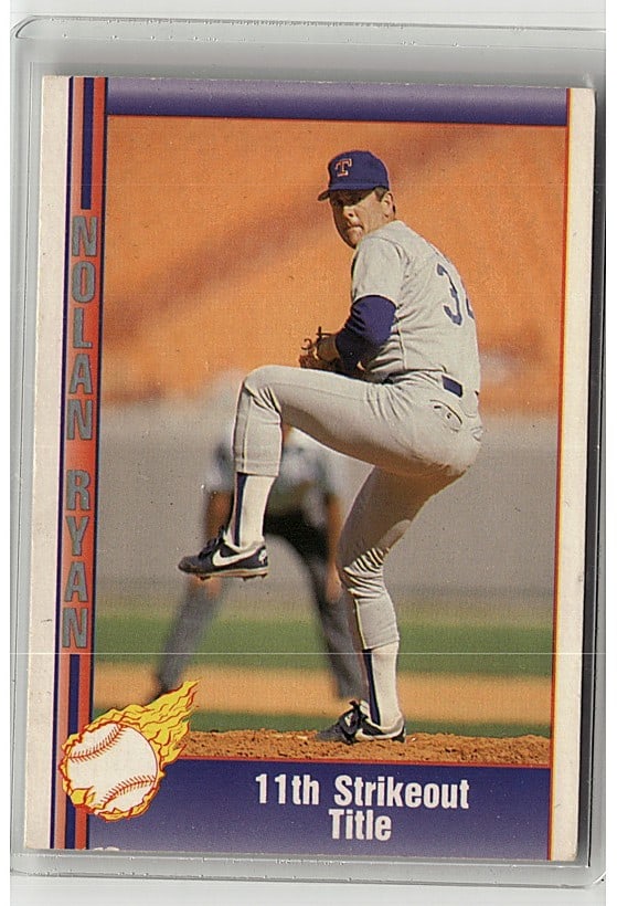 1991 Pacific Texas Express Nolan Ryan #72 Basebal: This is a raw baseball single from 1991 Pacific Texas Express, featuring Nolan Ryan. The card highlights an achievement labeled "11th Strikeout Title," indicating a notable career milestone. The photo