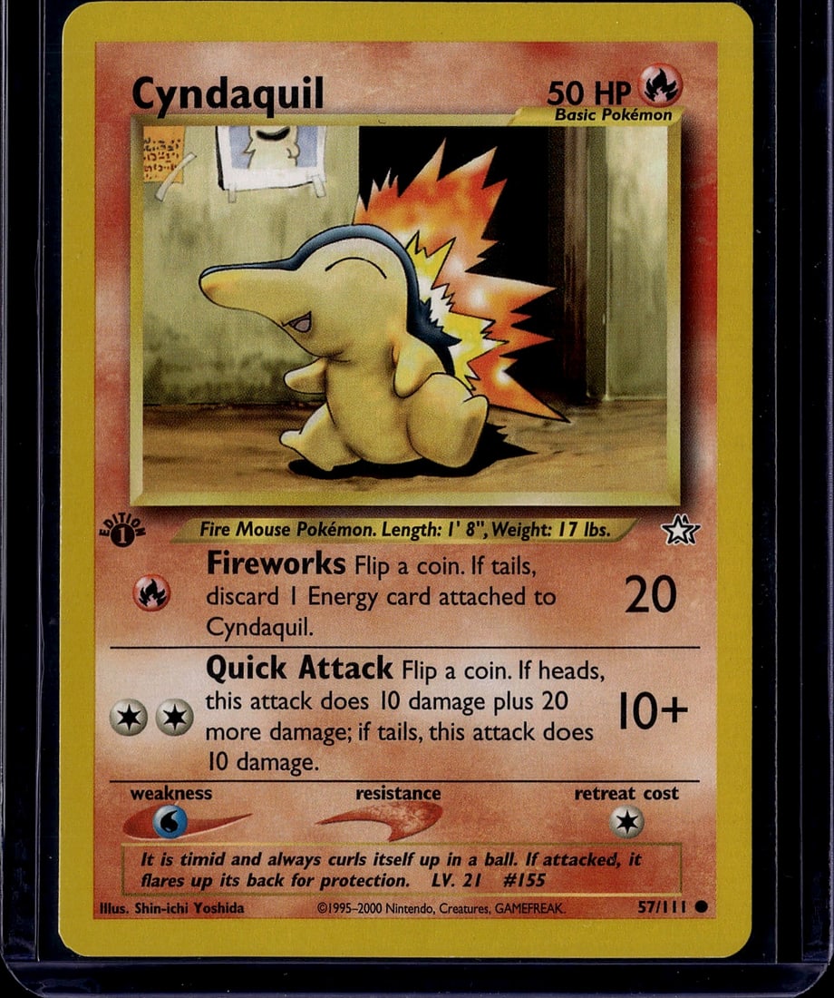 2000 Neo Genesis Cyndaquil 57/111 Pokemon Card Ve: This is an authentic Cyndaquil Pokemon card from the original Base Set, released in 2000. Card number 57/111, this Fire-type Basic Pokemon features the iconic artwork by Shin-ichi Yoshida depicting th