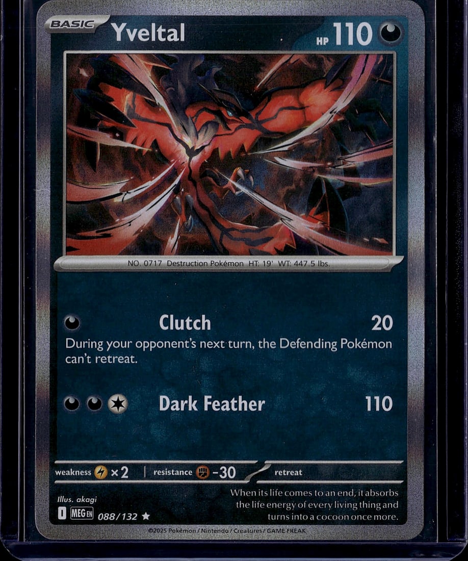 2025 Pokemon Mega Evolution Yveltal 088/132 Mint: Yveltal is a Basic Darkness-type Pokemon card with 110 HP from the Pokemon TCG: Mega Evolution expansion (set code MEG/ME01), released September 26, 2025. It is a Holo Rare featuring two attacks: Clut