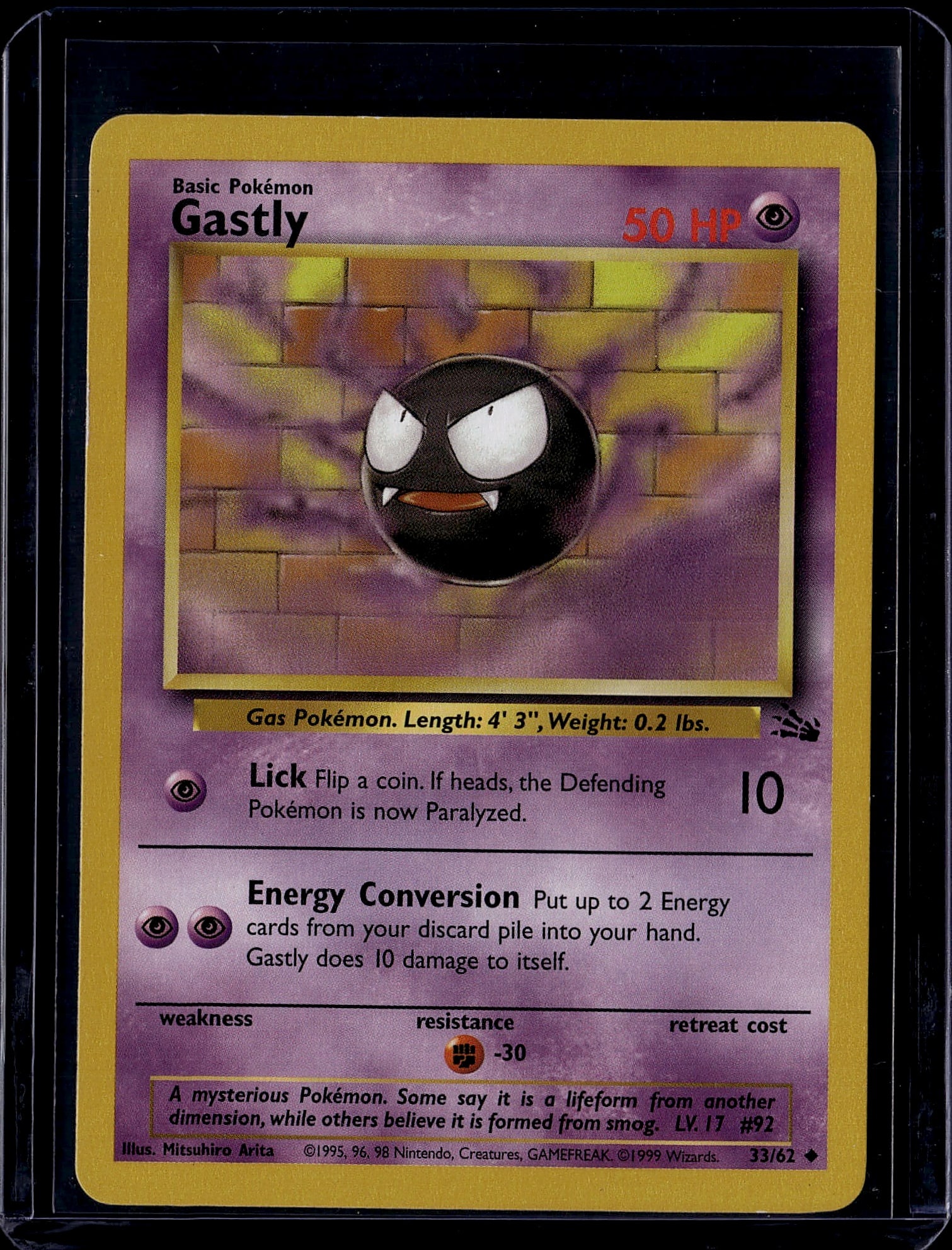 Gastly Base Set 33/62 Pokemon Card 1999 - Near Mi: This is an authentic Gastly Pokemon Trading Card from the iconic 1999 Base Set, card number 33/62. Gastly is a Basic Gas-type Pokemon featuring 50 HP and was illustrated by Mitsuhiro Arita. The card s