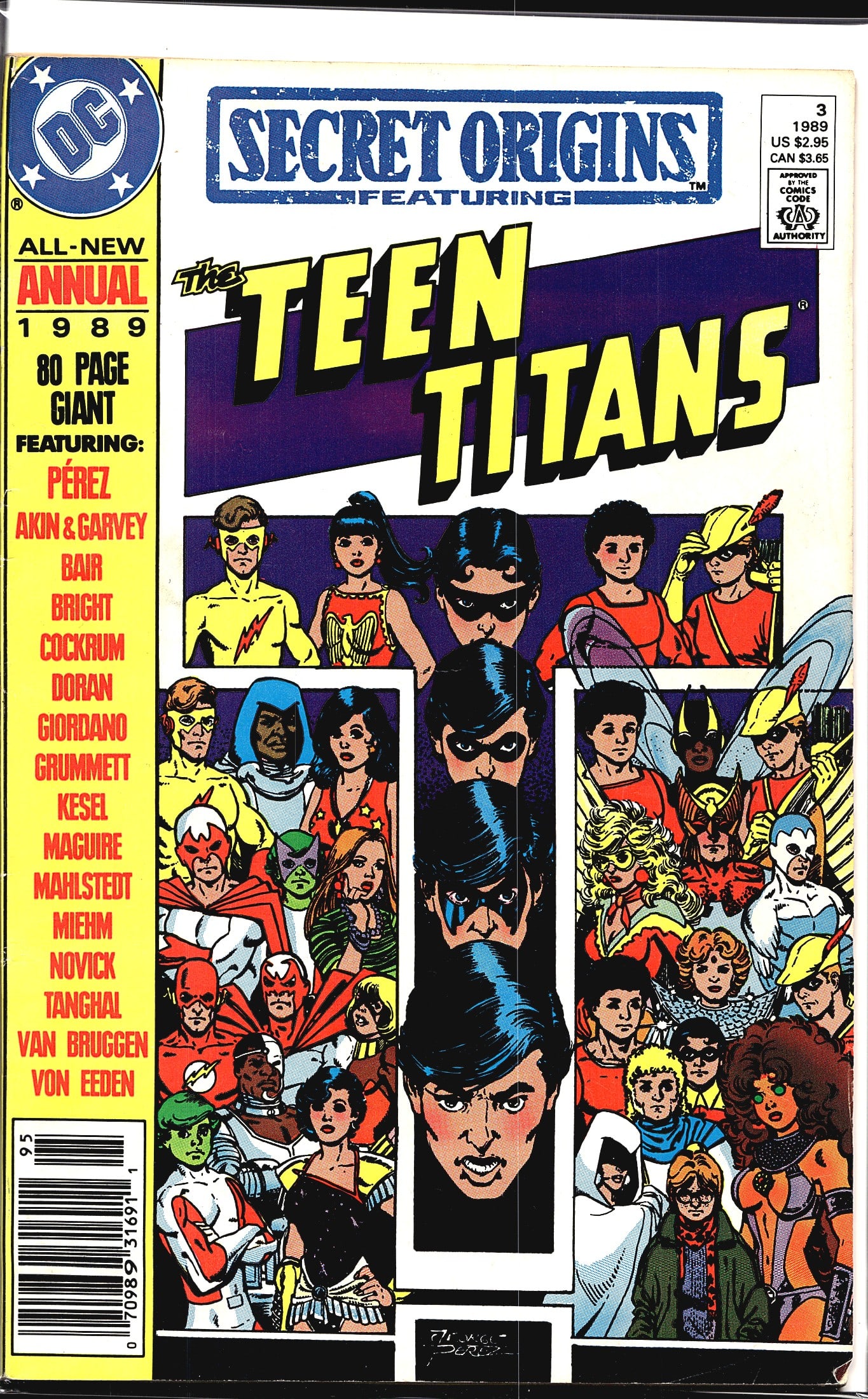 1989 DC Secret Origins Annual 3 Teen Titans 80-Pa: This is DC Comics Secret Origins Annual #3 from 1989, an 80-page giant issue featuring the Teen Titans. The cover prominently displays a large ensemble of Teen Titans characters across multiple genera