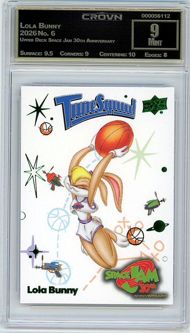 2026 Lola Bunny Upper Deck Space Jam 30th Anniver: This is a 2026 Lola Bunny card from the Upper Deck Space Jam 30th Anniversary set, card number 6. A professionally graded slab from Crown, this card has been authenticated and evaluated by experts in 