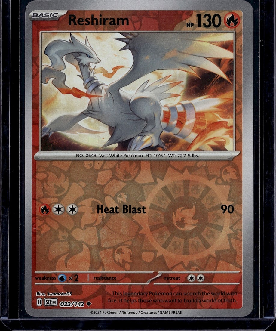 Reshiram 022/142 Next Destinies Holo Rare Pokemon: This is a raw Reshiram Holo Rare Pokemon card from the Next Destinies set (2012), card number 022/142. This legendary Fire-type Pokemon features stunning artwork by Ivamoto05 and showcases Reshiram's 