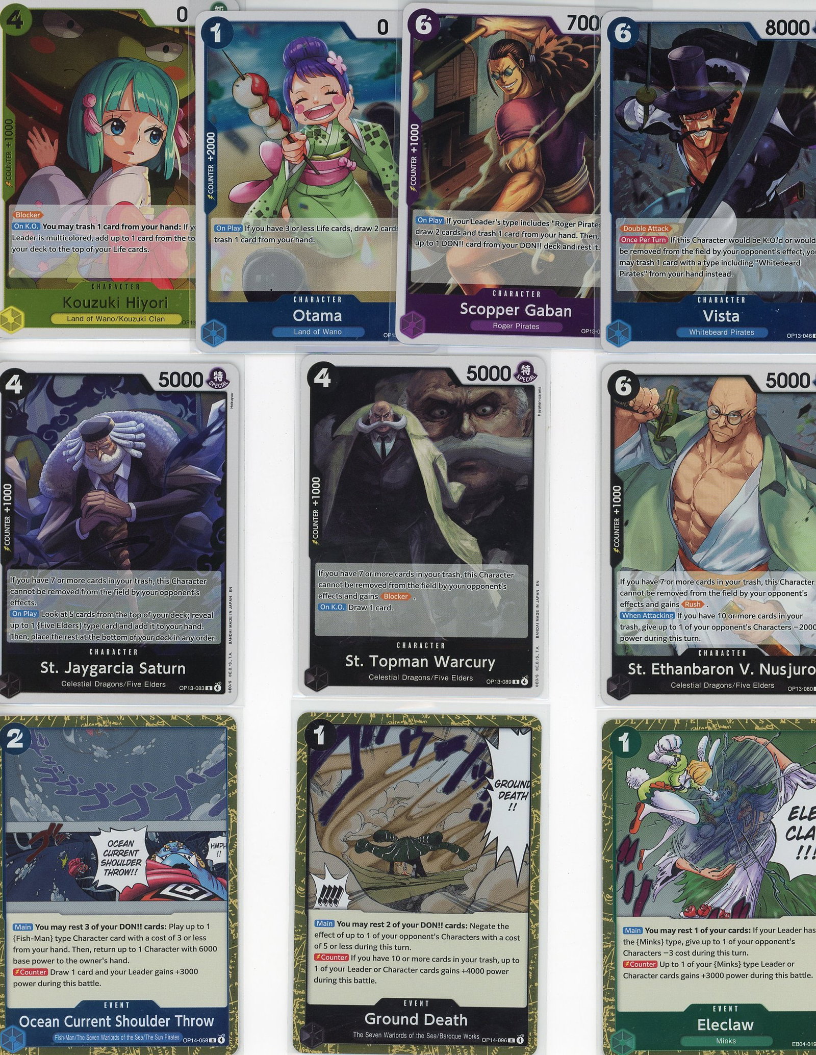 Lot of 10 One Piece Foil Trading Cards - Bandai T: This lot contains 10 foil One Piece trading cards from Bandai's official TCG. The collection features a variety of characters and card types, including character cards (Kouzuki Hiyori, Otama, Scopper 