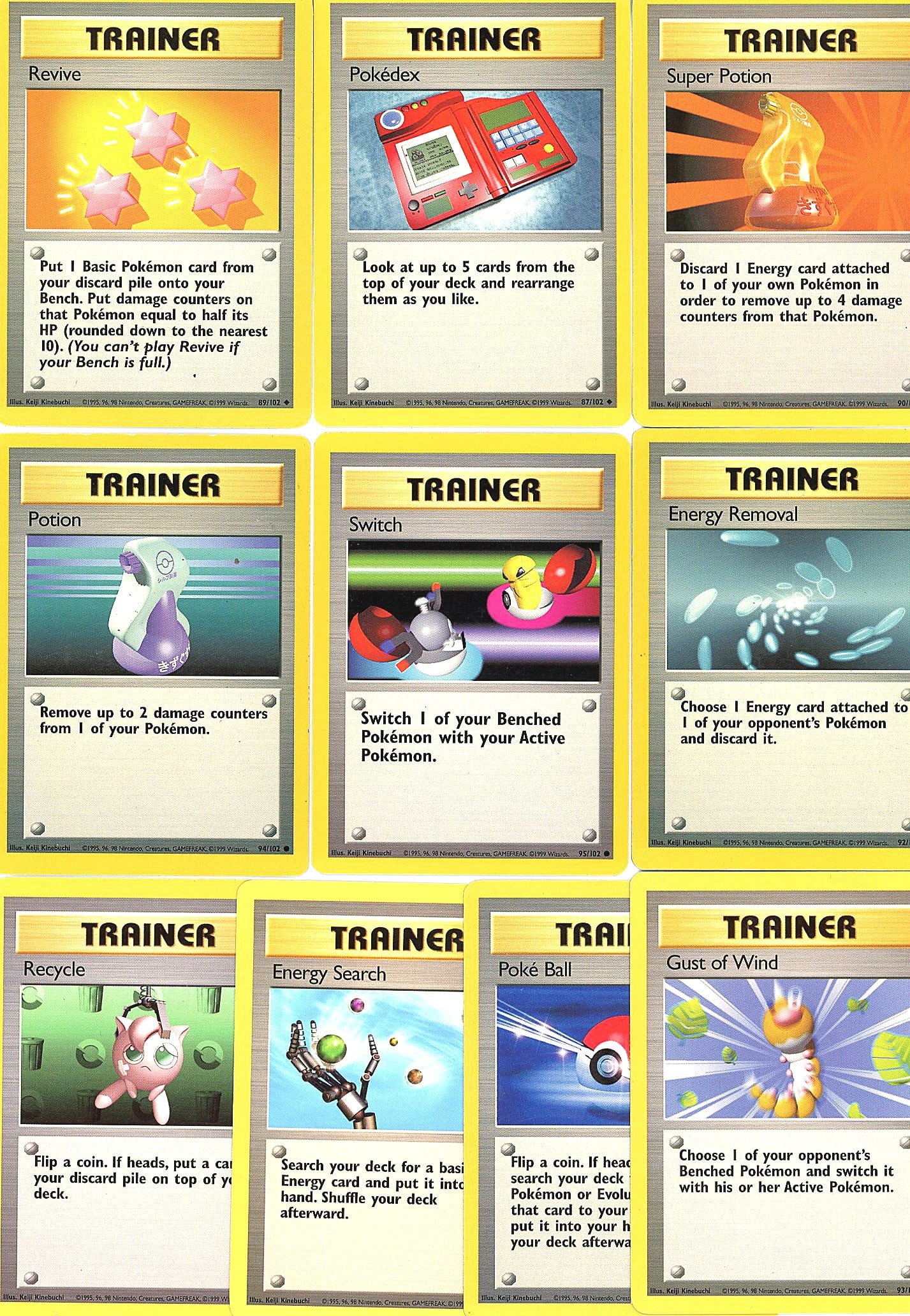 Vintage Pokemon Trainer Card Lot - 10 Raw Singles: Lot of 10 raw Pokemon Trainer cards from vintage sets spanning multiple eras. Cards visible include Revive, Pokedex, Super Potion, Potion, Switch, Energy Removal, Recycle, Energy Search, Poke Ball, an