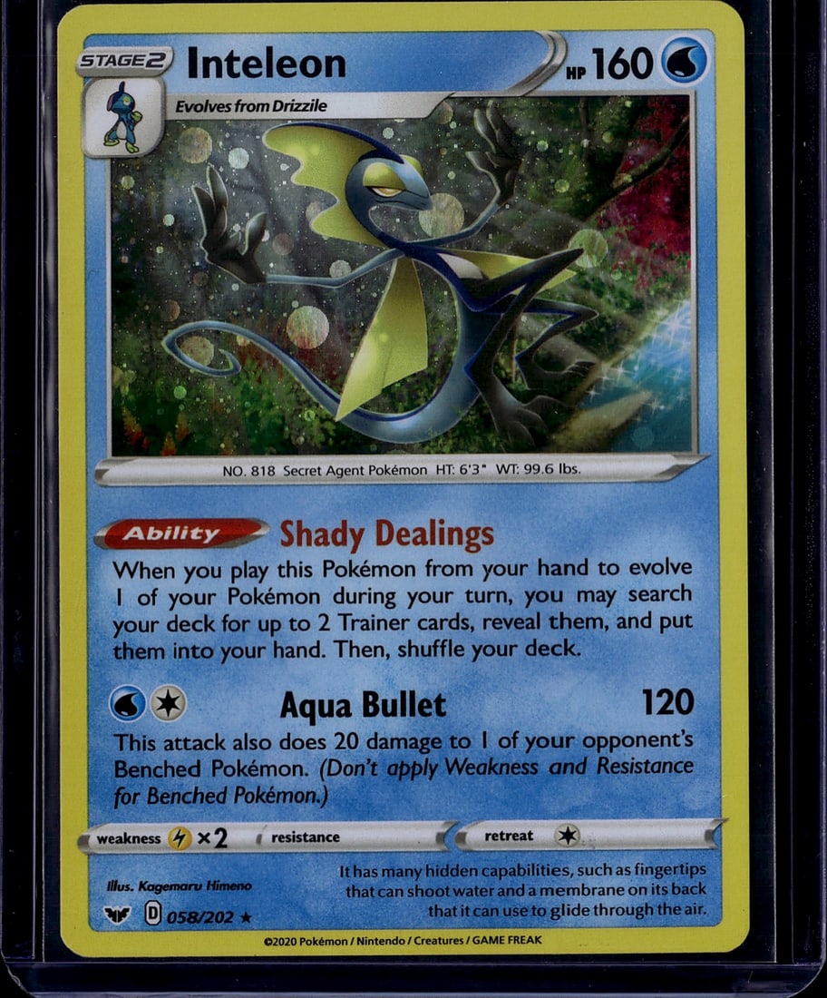 2020 Pokemon Sword & Shield Inteleon 058/202 Stag: This is a raw, ungraded Inteleon Pokemon Trading Card from the 2020 Sword & Shield set, card number 058/202. Inteleon is a Stage 2 Water-type Pokemon that evolves from Drizzile, featuring 160 HP. The