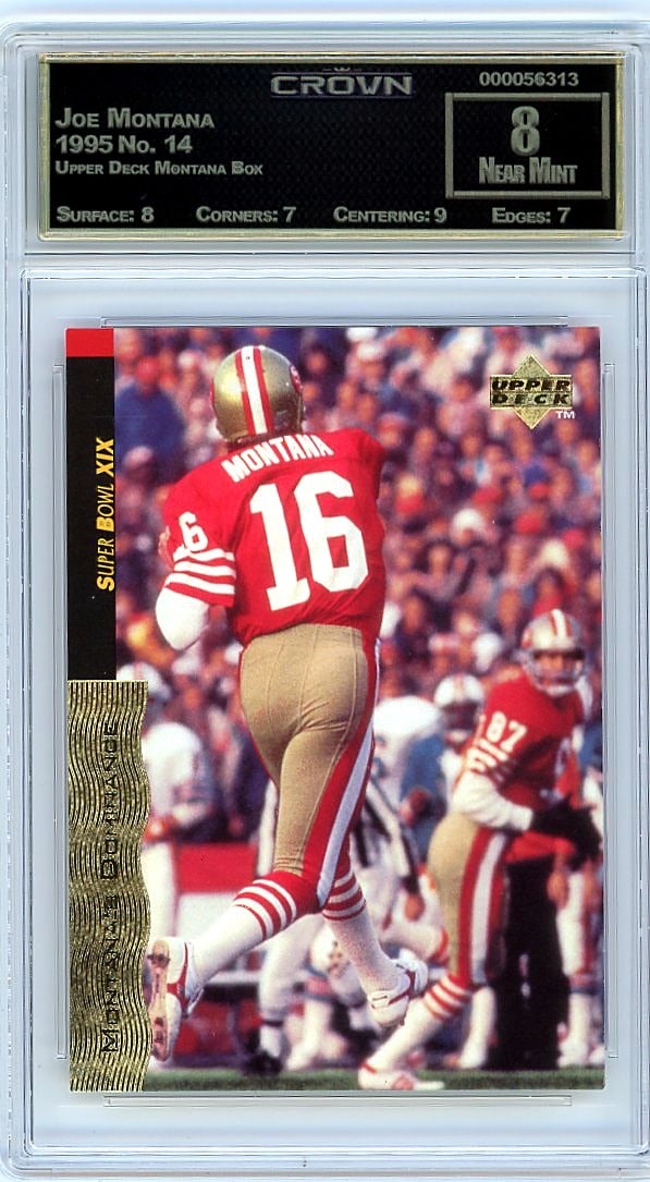 1995 Joe Montana Upper Deck Montana Box #14 Crown: This is a 1995 Joe Montana card from the Upper Deck Montana Box set, card number 14. It's a piece of football history featuring one of the sport's greatest quarterbacks during a significant era of tra
