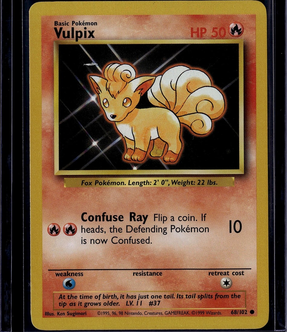 1999 Pokemon Base Set Vulpix Card #68/102 Fire Ty: This is a 1999 Pokemon Trading Card Game Base Set Vulpix card, number 68/102. Vulpix is a Basic Fire-type Fox Pokemon with 50 HP, featuring the iconic "Confuse Ray" attack that flips a coin to potenti