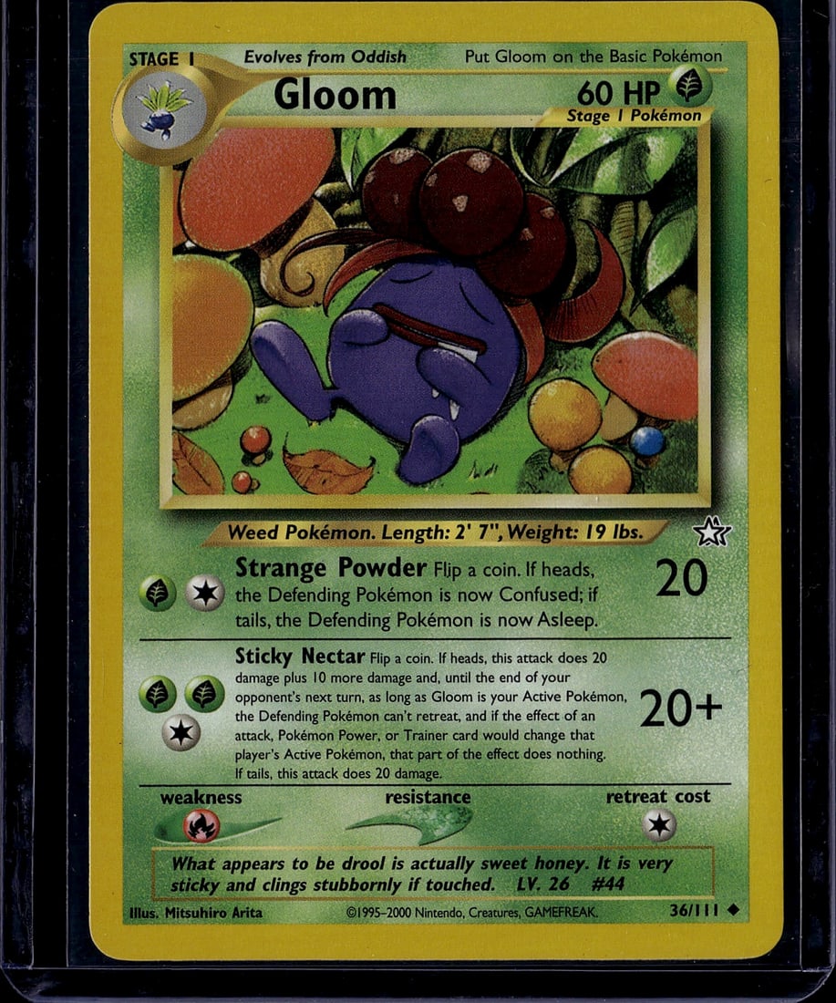 2000 Pokemon Neo Genesis Gloom 36/111 Very Good W: Gloom is a Grass-type Stage 1 Pokemon card (#36/111) from the Neo Genesis expansion, released December 16, 2000. It is an Uncommon card with 60 HP, illustrated by Mitsuhiro Arita, and was published by